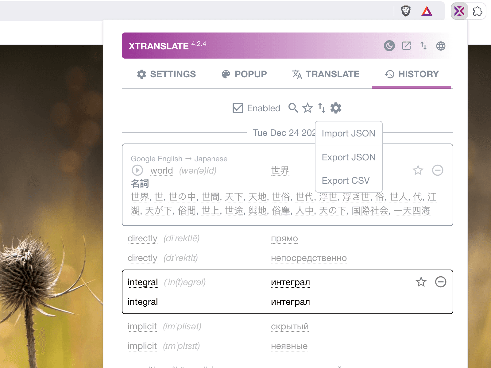 History of translations with import/export in JSON-format