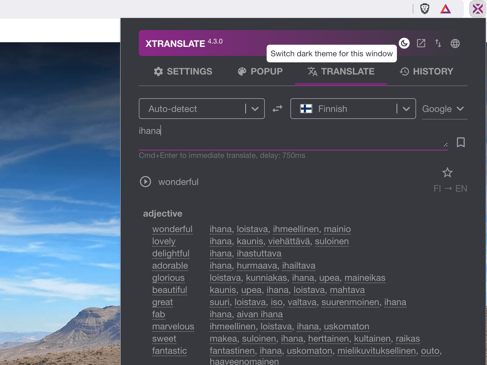 Dark theme for app window