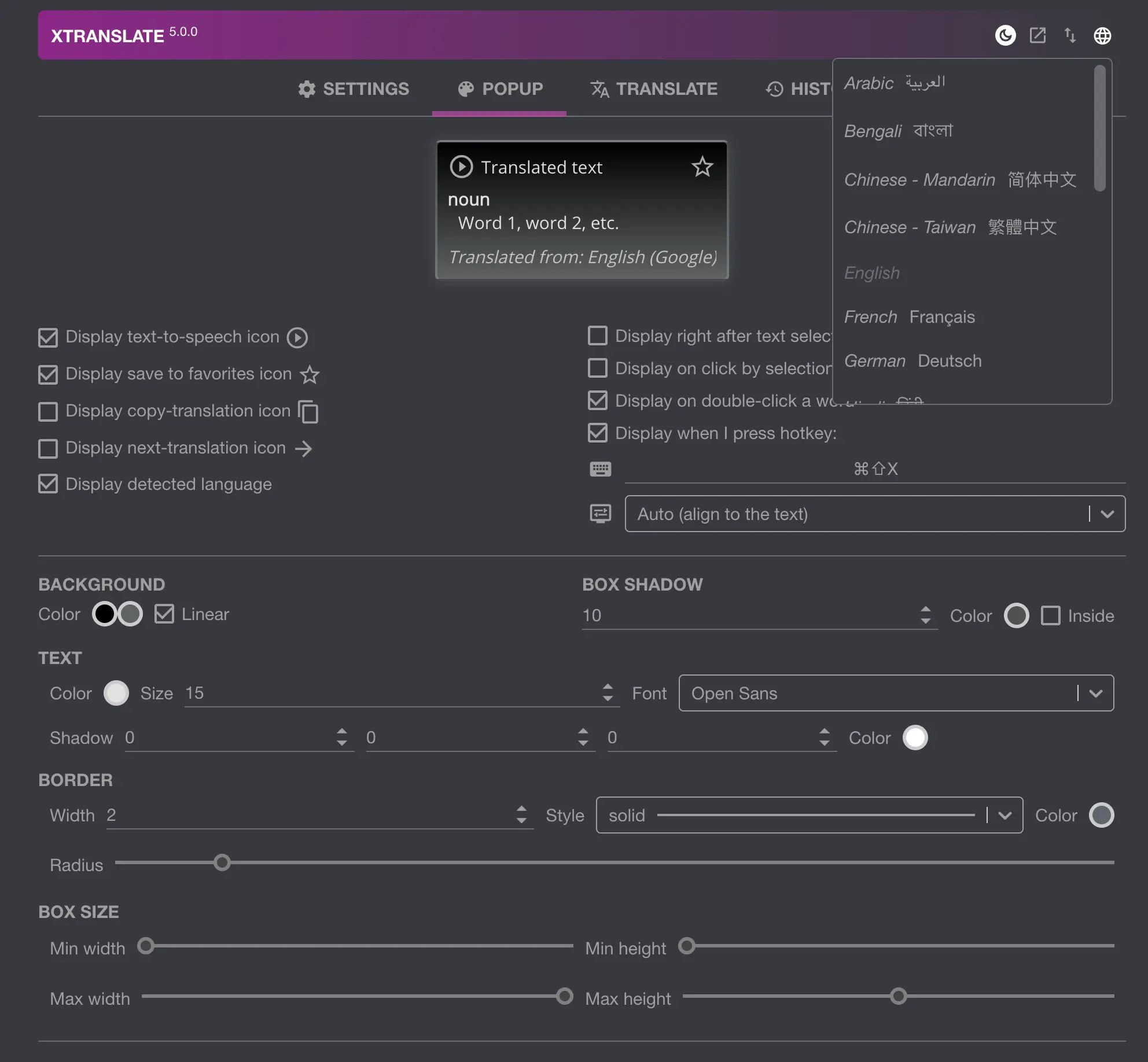 Configure theme, customize translation popup, choose your localization Configure theme, customize translation popup, choose your localization